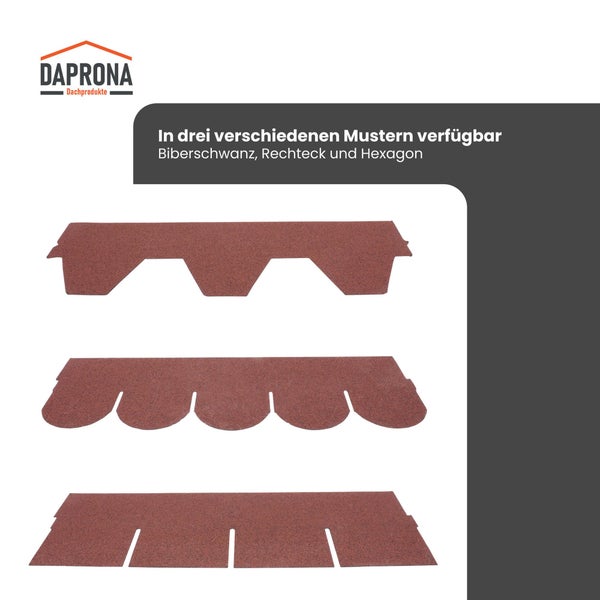 Daprona Logo. Dachschindeln in den drei Mustern Biberschwanz, Rechteck und Hexagon.