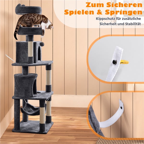 Mehrstöckiger Katzenkratzbaum mit Katzenhaus, Liegeflächen, Sisalsäulen und Kippschutz