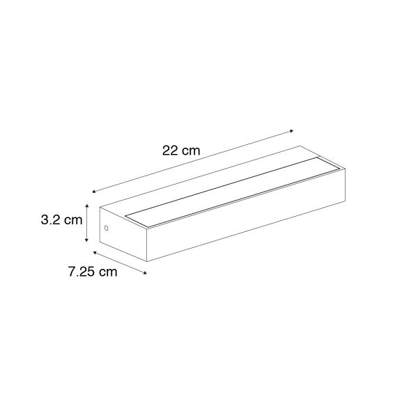 Maße der Wandleuchte: Länge 22 Zentimeter, Höhe 3,2 Zentimeter, Tiefe 7,25 Zentimeter.