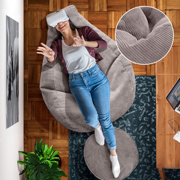 Green Bean Sitzsack mit Hocker aus Cord - Sitzsäcke für das Wohnzimmer, Schlafzimmer, Sitzsack-Sessel für Erwachsene Hellgrau