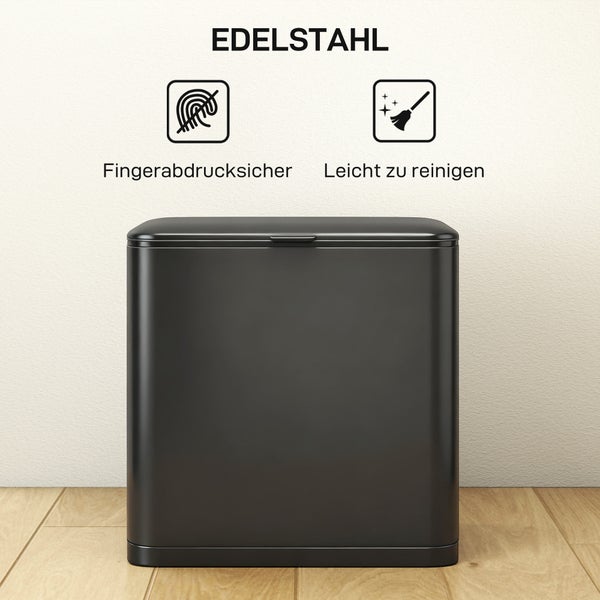 Abfalleimer aus Edelstahl mit den Symbolen fingerabdrucksicher und leicht zu reinigen