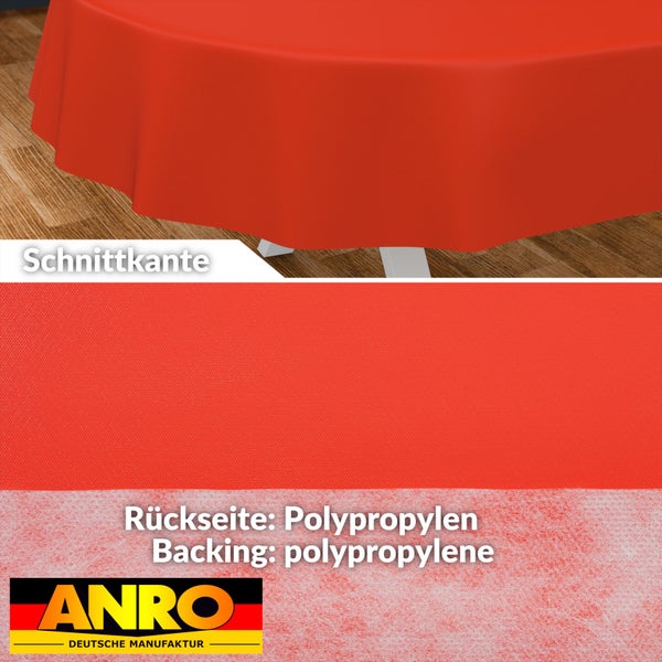 Rote abwaschbare Tischdecke aus Wachstuch mit Schnittkante, Polypropylen-Rückseite und ANRO Deutsche Manufaktur Logo.