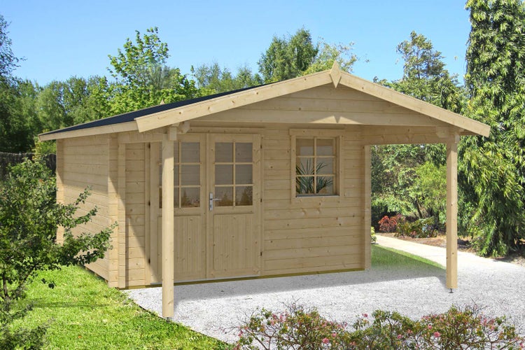 Alpholz Gartenhaus Timo ISO Premium Gartenhaus aus Holz in natur, Holzhaus mit 70 mm Wandstärke inklusive Schleppdach Blockbohlenhaus imprägniert 3,8x5,7m