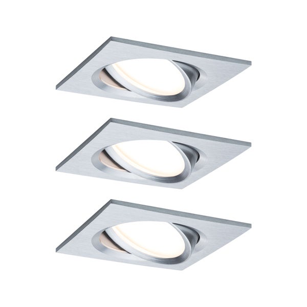 Set aus drei quadratischen LED Einbaustrahlern aus gebürstetem Metall mit schwenkbarem Strahlerkopf für die Deckenmontage