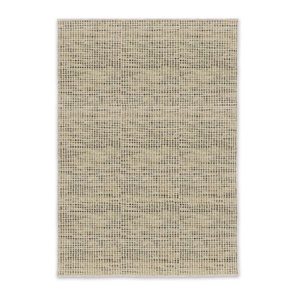 Rechteckiger gewebter Teppich mit feinem Punktmuster und Karostruktur in natürlichen Farbtönen.