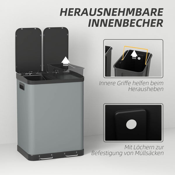 HOMCOM Mülleimer 2 x 30L Treteimer Kosmetikeimer Abfalleimer mit Deckel und Fußpedal, Müllbehälter mit Inneneimer, für Wohnzimmer, Büro, Metall, 48,8 x 39,5 x 67 cm