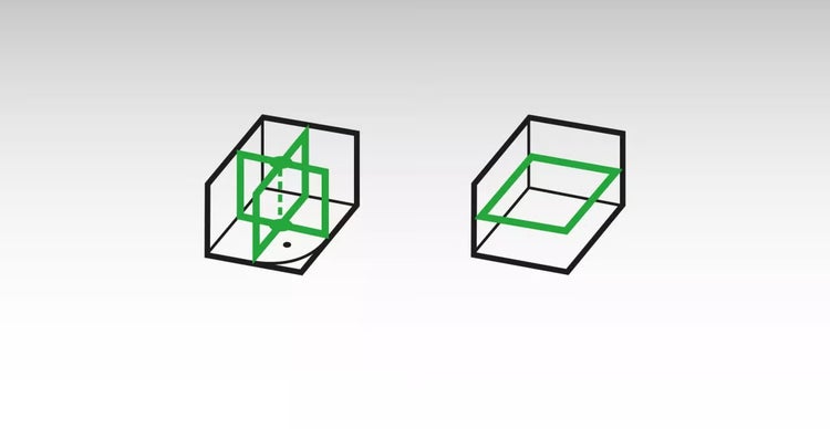 Grafik zeigt zwei perspektivische Raummodelle mit eingezeichneten vertikalen und horizontalen Ebenen zur Veranschaulichung der Ausrichtung.