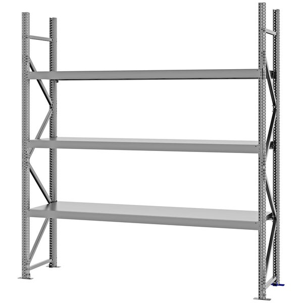 Robustes Weitspannregal aus Metall mit drei breiten Fachböden, stabilen Seitenrahmen und Diagonaldistanzen für Werkstatt oder Lager.