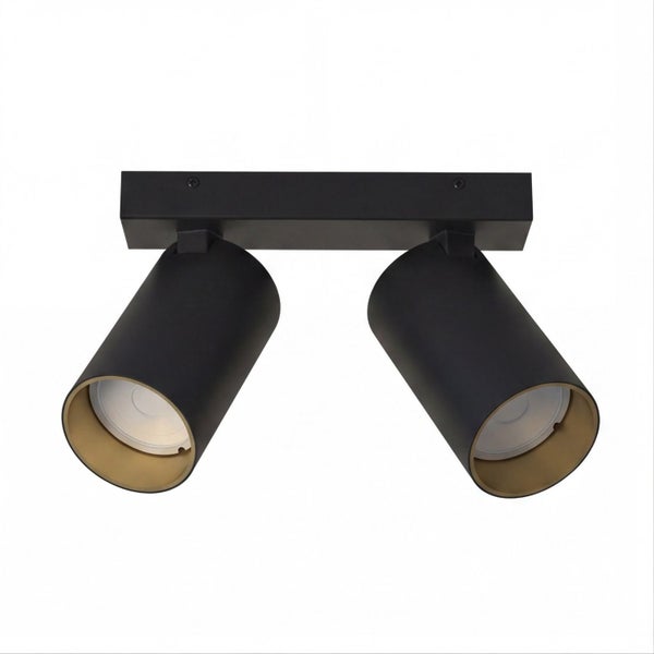 Moderner Deckenstrahler mit zwei zylindrischen Spots aus Metall in Schwarz und Gold.