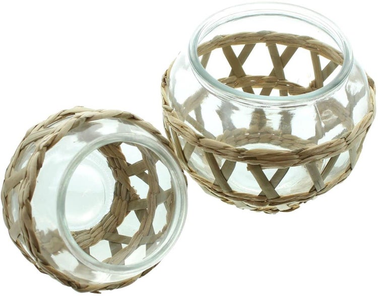 Dekoleidenschaft 2x Windlicht Geflecht aus Glas, Kerzenglas mit Seegras Geflecht, Teelichthalter, Kerzenhalter für Stumpenkerzen, Dekoglas, Tischdeko