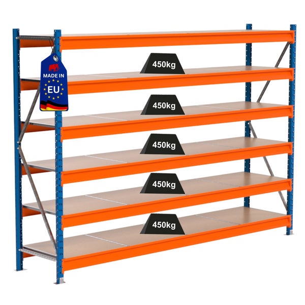 Regal mit fünf Ebenen und einer Traglast von 450 Kilogramm pro Ebene, Hergestellt in der Europäischen Union