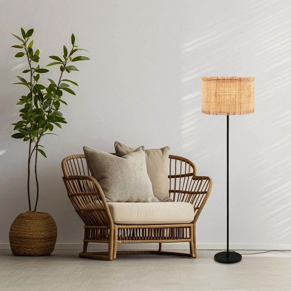 Briloner Borra Stehlampe, Strohschirm, Ein/Aus Fußtaster, Boho-Stil, E27 Fassung, Natur, Ø40 x 161 cm