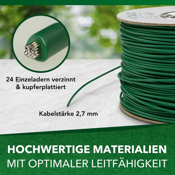 Grüner Begrenzungsdraht auf Spule mit 24 verzinnten und kupferplattierten Einzeladern und einer Kabelstärke von 2,7 Millimetern.
