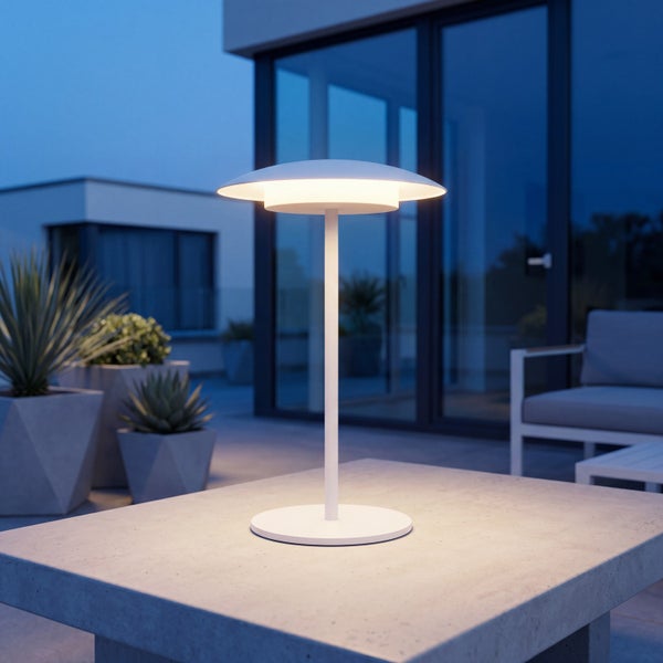 Moderne LED Tischleuchte fuer den Aussenbereich auf einem Betontisch vor einer modernen Hausfassade bei Abenddaemmerung.