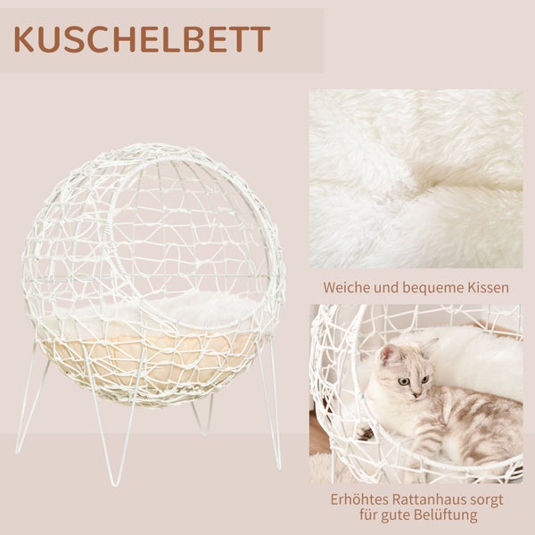 PawHut Katzenbett aus Rattan, Ø45 x 57H cm, PE-Rattan, Cremeweiß