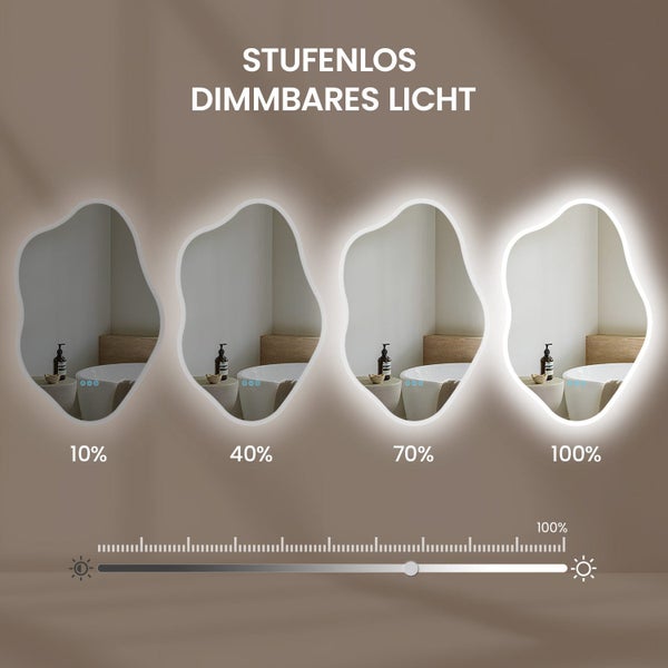 Organisch geformter Wandspiegel mit stufenlos dimmbarer LED Beleuchtung, gezeigt in vier Helligkeitsstufen von 10 bis 100 Prozent.