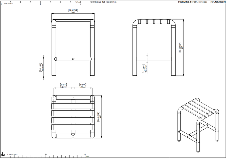 Technische Zeichnung eines Hockers aus Polyamid 6 mit Maßen in Millimetern und Zoll, Ansichten von vorne, oben, der Seite und isometrisch.