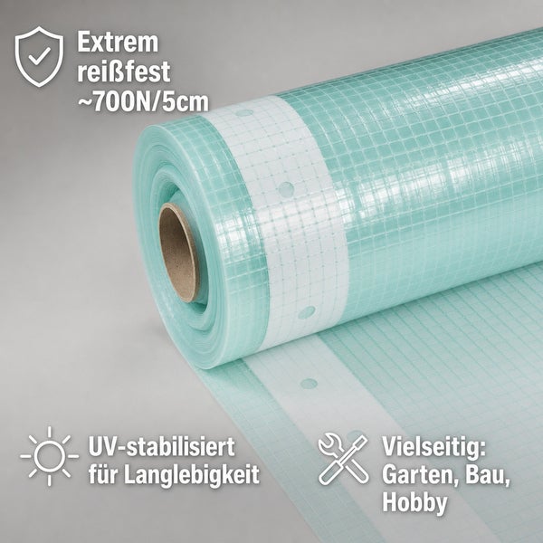 Gitterfolie auf einer Rolle, extrem reißfest, UV-stabilisiert, vielseitig einsetzbar für Garten, Bau und Hobby.