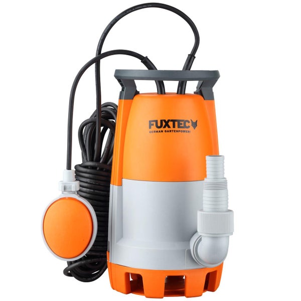 Fuxtec Schmutzwasser-Tauchpumpe aus Kunststoff in Orange und Grau mit Schwimmerschalter und Kabel.