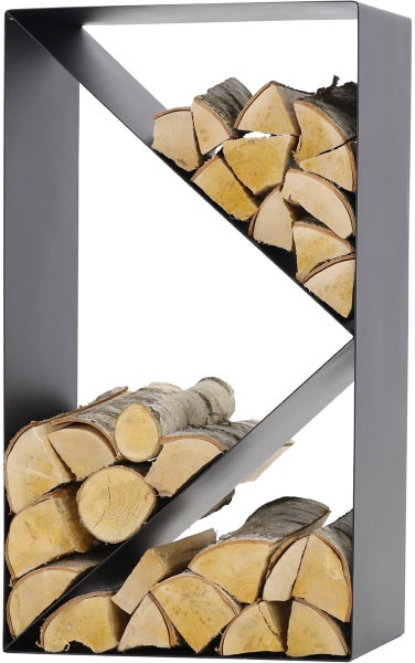 Brennholzregal aus Metall mit Holzscheiten