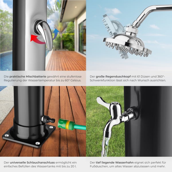Details einer Außendusche mit Mischer, Regenduschkopf, Schlauchanschluss und Wasserhahn
