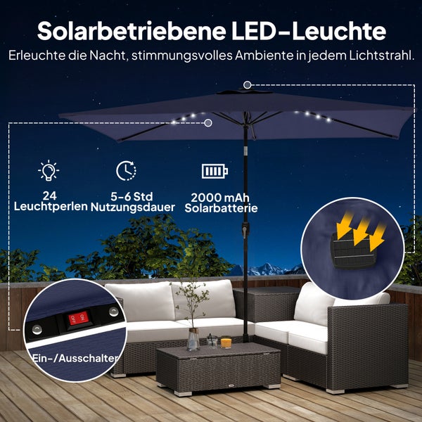 Solarbetriebene LED-Sonnenschirmbeleuchtung mit 24 LED-Perlen, 2000 mAh Akku und Ein- und Ausschalter auf einer Terrasse mit Loungemöbeln bei Nacht.