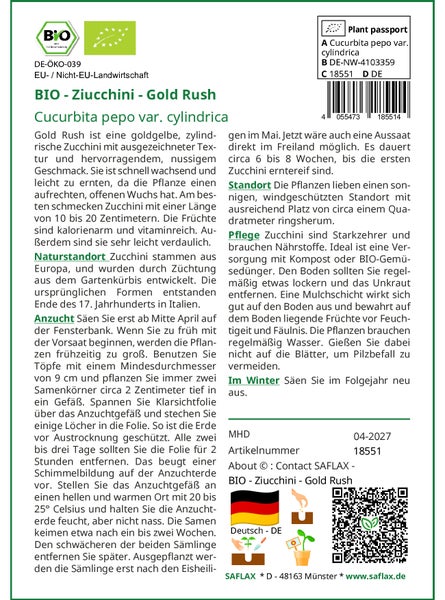 SAFLAX  - BIO - Ziucchini - Gold Rush - Cucurbita pepo var. cylindrica - 5 Samen - Mit keimfreiem Anzuchtsubstrat