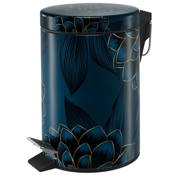 Tretabfalleimer mit blauem floralem Lotusmuster und goldenen Konturen, inklusive Fußpedal und Deckel.