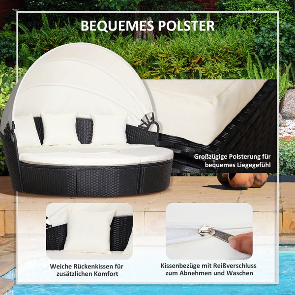 Outsunny Rattan Sonneninsel, Loungegruppe mit Sonnendach, Sitzgruppe, Kissen und Beistelltisch, Metall, Creme, 180 x 175 x 147 cm