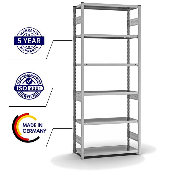 PROREGAL Fachbodenregal Stecksystem T-Profil Medium-Duty Grundregal HxBxT 250 x 100 x 40 cm 6 Ebenen Fachlast 225 kg Beidseitig Nutzbar Verzinkt