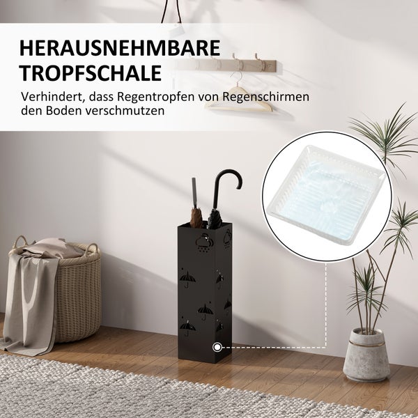 HOMCOM Schirmständer Regenschirmhalter mit 4 Haken, abnehmbare Wasserauffangschale Deko Schirmhalter für Sonnenschirm, Regenschirme & Gehstöcke Stahl 15,5 x 15,5 x 49 cm Schwarz