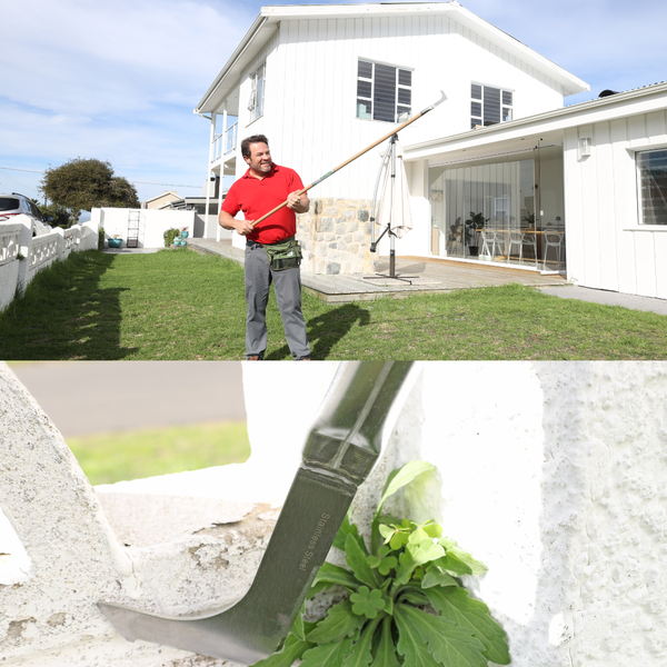 Anwendung des Fugenkratzers zur Unkrautentfernung im Garten.