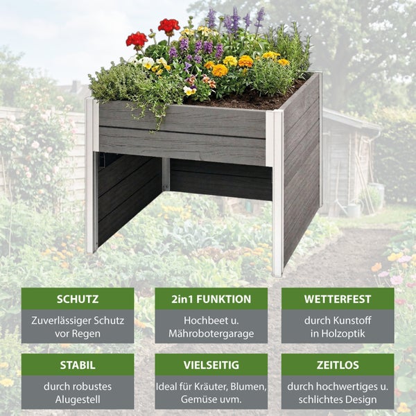 Kombiniertes Hochbeet und Mährobotergarage aus wetterfestem Kunststoff in Holzoptik mit stabilem Aluminiumgestell in einem Garten.