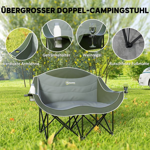 Übergroßer Outsunny Doppel Campingstuhl mit Getränkehalter und rutschfesten Standfüßen für zwei Personen.