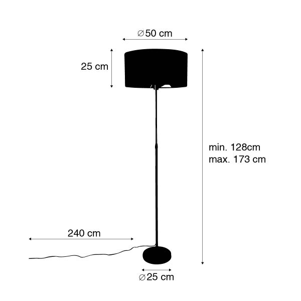 Abmessungen einer Stehlampe: Lampenschirmdurchmesser 50 cm, Lampenschirmhöhe 25 cm, Fußdurchmesser 25 cm, Kabellänge 240 cm, Höhe verstellbar von 128 cm bis 173 cm.