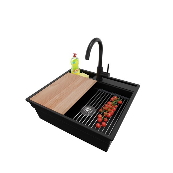 PRIMAGRAN Granitspüle Schwarz 58x53cm, Spülbecken 1 Becken + Küchenarmatur 32x20cm + Ablauf-Set + Küchenzubehörset, Küchenspüle ab 60er Unterschrank - Oslo Pocket