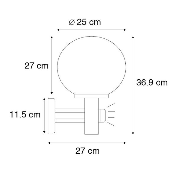 Technische Skizze einer kugelförmigen Wandleuchte mit Maßen: Durchmesser 25 Zentimeter, Gesamthöhe 36,9 Zentimeter, Tiefe 27 Zentimeter.