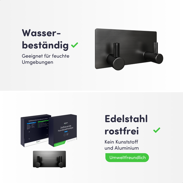 Wasserbeständiger, rostfreier und umweltfreundlicher Doppelhaken aus schwarzem Edelstahl mit Eavy Logo und Verpackung.