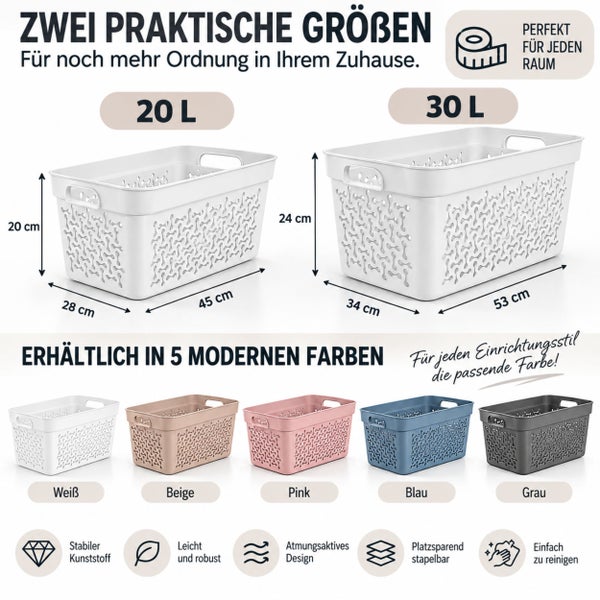 Infografik zu Kunststoff Aufbewahrungskörben in zwei Größen und fünf Farben mit Maßen und Produkteigenschaften für mehr Ordnung im Haushalt.