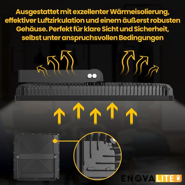 Abbildung eines Strahlers mit Wärmeisolierung, Luftzirkulation und robustem Gehäuse.
