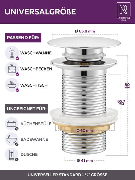 Universelle Größe, passend für Waschwanne, Waschbecken und Waschtisch, nicht geeignet für Küchenspüle, Badewanne und Dusche.