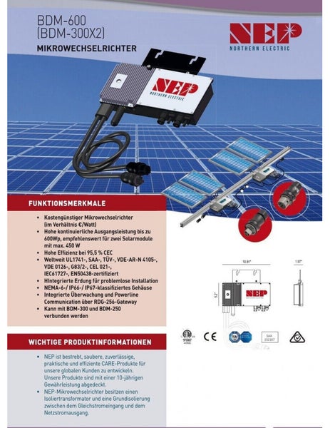 NEP Microwechselrichter 600W/WLAN/für 2 Solarmodule/10Jahre Garantie/IP67/Mwst 0%/Kostenfreier Versand durch DHL