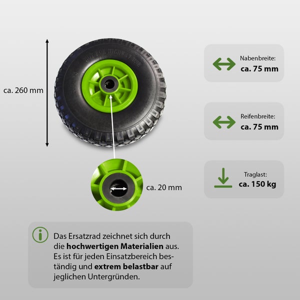 Ersatzrad mit den Maßen circa 260 mm Höhe, circa 75 mm Nabenbreite, circa 75 mm Reifenbreite, circa 20 mm Achsdurchmesser und einer Traglast von circa 150 Kilogramm