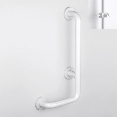 Weißer Winkelgriff aus Kunststoff für das Badezimmer mit Brausehalter und drei Befestigungspunkten zur Wandmontage für barrierefreien Komfort.