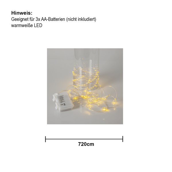 Lichterkette mit warmweißen LEDs, Länge 720 Zentimeter, Batteriebetrieb