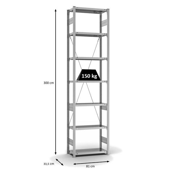 PROREGAL Fachbodenregal Stecksystem T-Profil Light-Duty Grundregal HxBxT 300 x 75 x 30 cm 7 Ebenen Fachlast 150 kg Einseitig Nutzbar Verzinkt