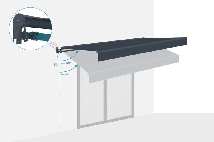 Illustration einer Markise mit einem Neigungswinkel von maximal 100 Grad und minimal 30 Grad