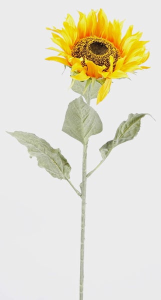 Künstliche gelbe Sonnenblume mit Stiel und zwei grünen Blättern.