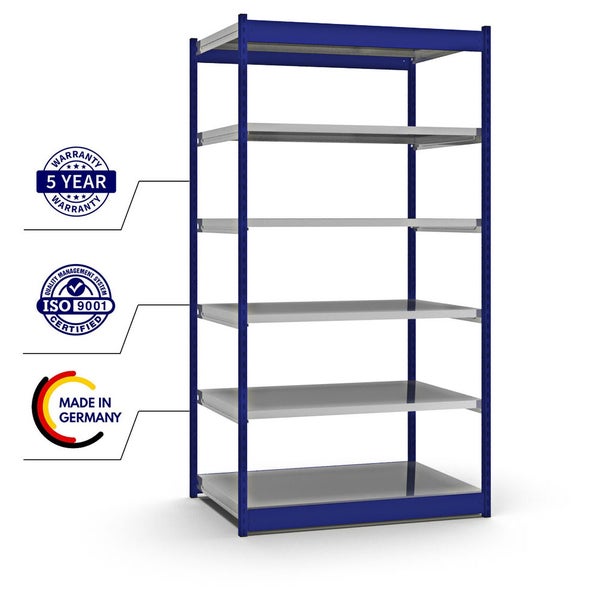 PROREGAL Fachbodenregal Stecksystem Vierkant-Profil Grundregal HxBxT 250 x 132,5 x 80 cm 6 Ebenen Einseitige Bauart Fachlast 200 kg Enzianblau