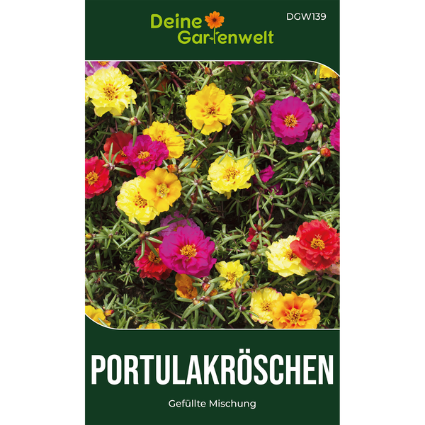 Samenpackung für Portulakröschen der Marke Deine Gartenwelt, gefüllte Mischung mit farbenfrohen Blüten.
